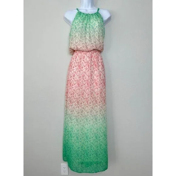 Old Navy Green and Pink blouson Tiered Maxi Dress sleeveless holiday S - Picture 1 of 11